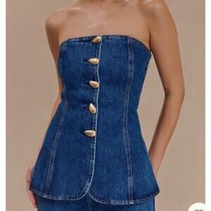 NEW Meshki Lennox Strapless Long Line Button Top Blue Womens Size XXS